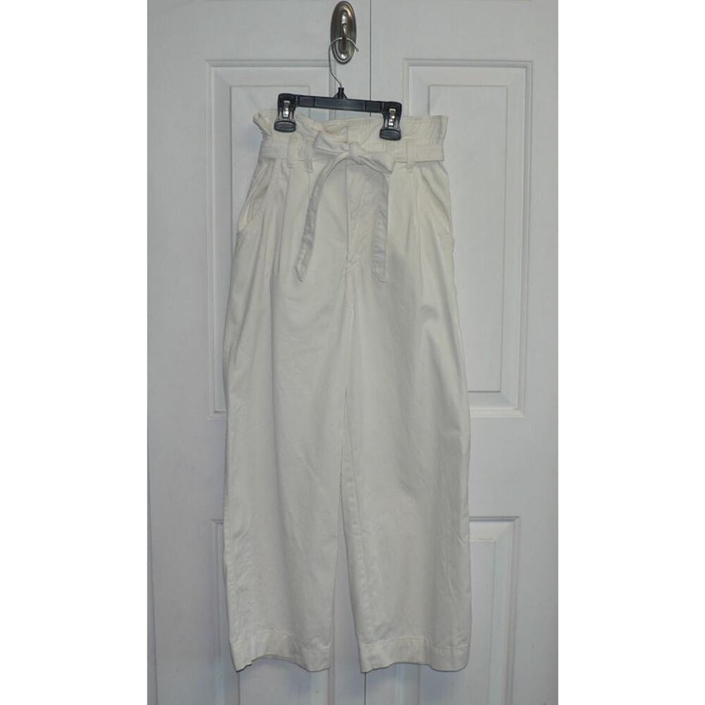 H&M Women's Wide Leg Cotton Paper Bag Waist Ankle Pants in Ivory Size 4 $35